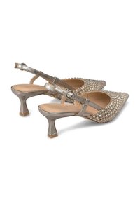 Metallic silver slingback heels with pointed toes, adorned with clear rhinestones, featuring a kitten heel and adjustable buckle strap.