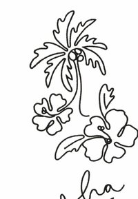 Czarna liniowa grafika przedstawiająca palmę i kwiaty hibiskusa na białym tle, z zakrzywionymi liniami i zaokrąglonymi kształtami.
