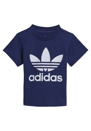 Granatowy t-shirt z krótkim rękawem z białym logo Adidas trefoil i napisem "adidas" z przodu.