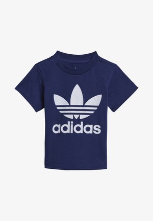 Granatowy t-shirt z krótkim rękawem z białym logo Adidas trefoil i napisem "adidas" z przodu.