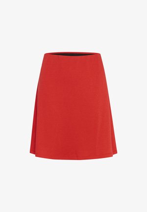 Fustă roșie de tip skater, realizată dintr-un material moale, prevăzută cu un brâu elastic, cu un design evazat și o textură netedă, fără modele vizibile.
