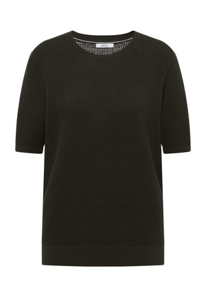 Suéter corto de manga corta tejido negro con textura, cuello redondo y puños y dobladillo acanalados, con la etiqueta "Cecil" en el interior del cuello.