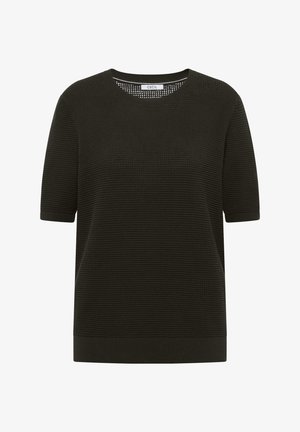 Černý texturovaný pletený svetr s krátkými rukávy, kulatým výstřihem a žebrovanými manžetami a lemem, s nápisem "Cecil" uvnitř límce.