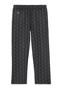Zwarte fleece broek met een geometrisch patroon in grijs, een elastische tailleband en een klein logo-accent aan de linkerkant voor.