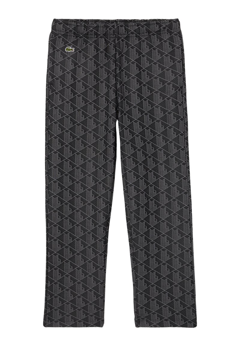 Zwarte fleece broek met een geometrisch patroon in grijs, een elastische tailleband en een klein logo-accent aan de linkerkant voor.