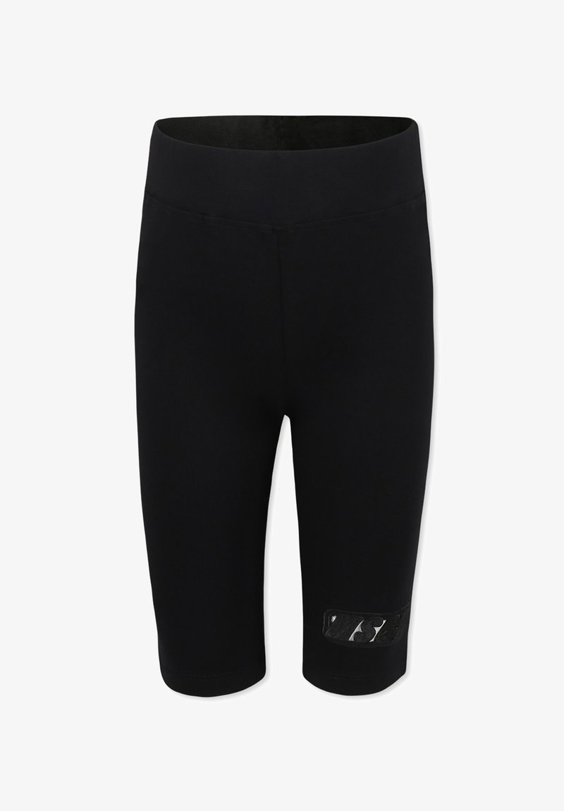 Shorts neri in tessuto elasticizzato con vita alta, dotati di una tasca in rete laterale e senza motivi o decorazioni visibili.