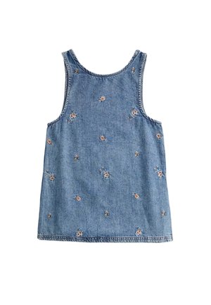 Niebieski top na ramiączkach z denimu z zaokrąglonym dekoltem, ozdobiony rozproszonym haftem kwiatowym w kolorach różowym i zielonym, z czystym wykończeniem na dole.