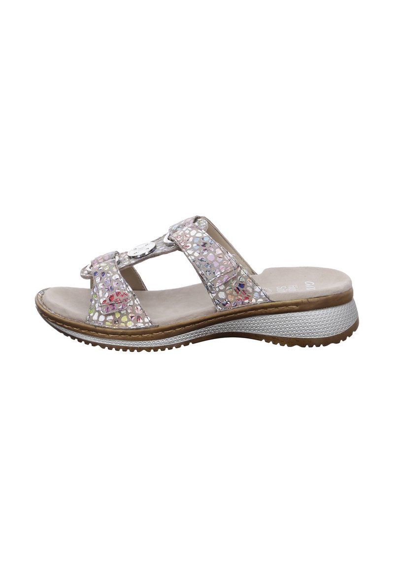 Two-strap slide sandals with a multicolored, iridescent upper, padded footbed, and a textured rubber sole for grip and comfort.