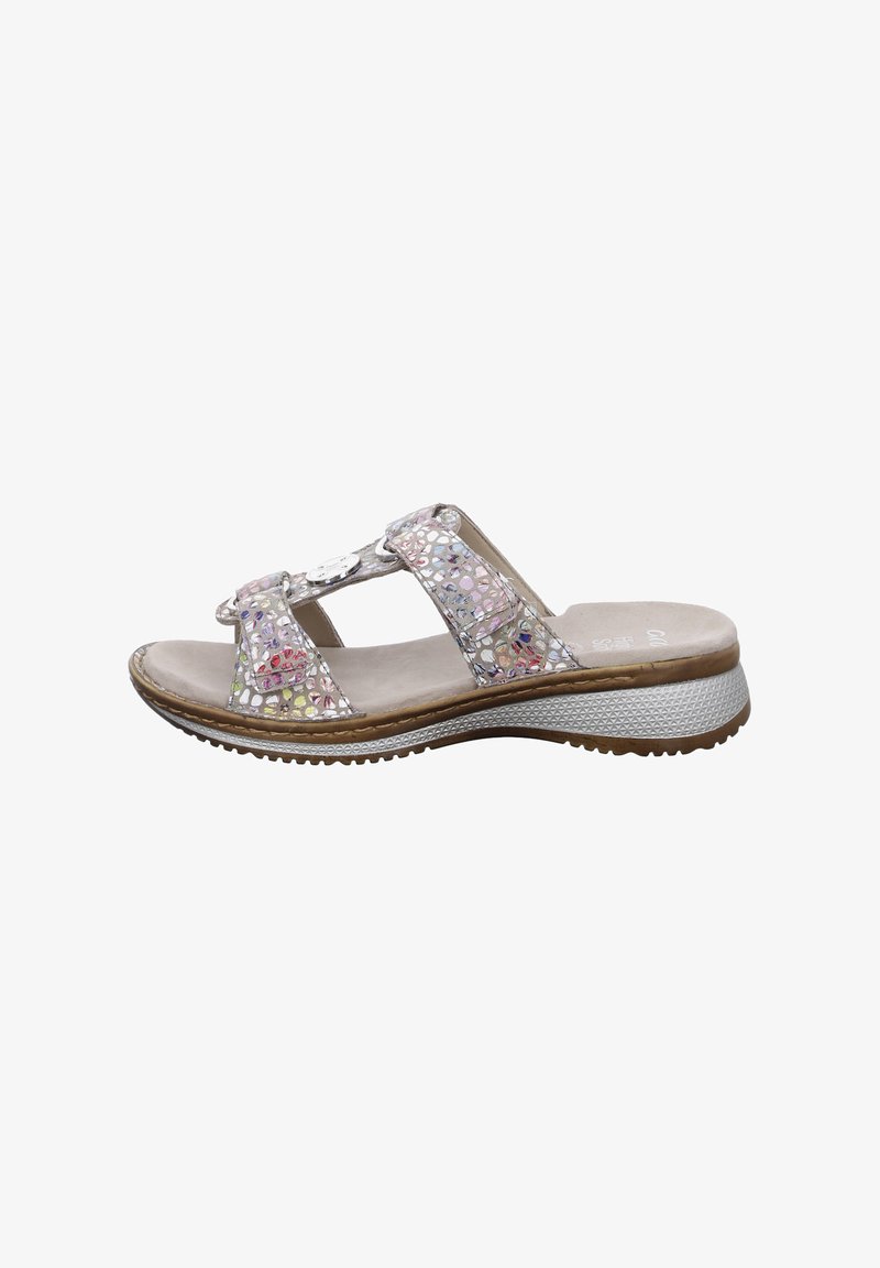Two-strap slide sandals with a multicolored, iridescent upper, padded footbed, and a textured rubber sole for grip and comfort.