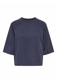 Sweat-shirt bleu marine à manches courtes, col ras du cou, manches raglan et coupe décontractée.