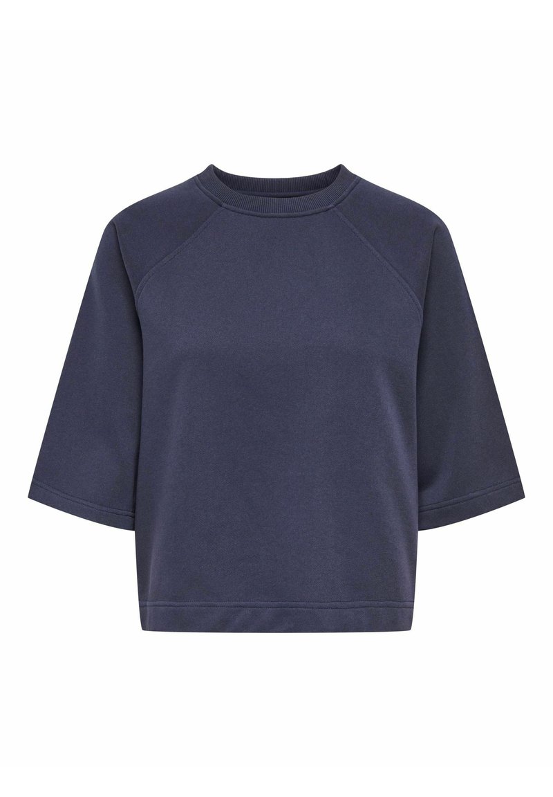 Sweat-shirt bleu marine à manches courtes, col ras du cou, manches raglan et coupe décontractée.