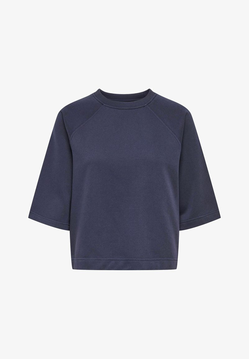 Sweat-shirt bleu marine à manches courtes, col ras du cou, manches raglan et coupe décontractée.