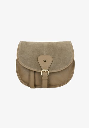 Tan leather handbag with a suede flap, rounded shape, and gold hardware. Features a buckle closure and textured accents for contrast.