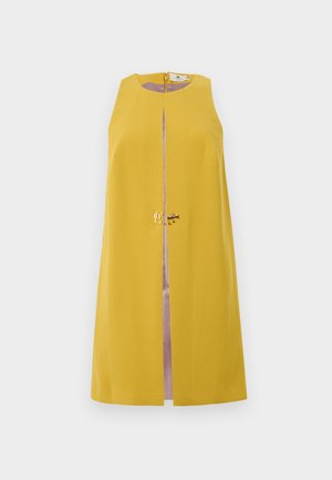 Żółta sukienka bez rękawów o prostym kroju, z zapięciem na zamek błyskawiczny z przodu i złotymi akcentami, z wewnętrzną fioletową podszewką.