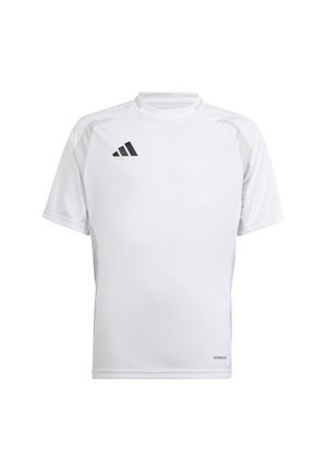Witte sportshirt met korte mouwen, featuring een hoge kraag, zwart accentlogo en elastisch, vochtregulerend materiaal voor comfort.