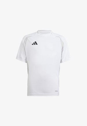 Witte sportshirt met korte mouwen, featuring een hoge kraag, zwart accentlogo en elastisch, vochtregulerend materiaal voor comfort.