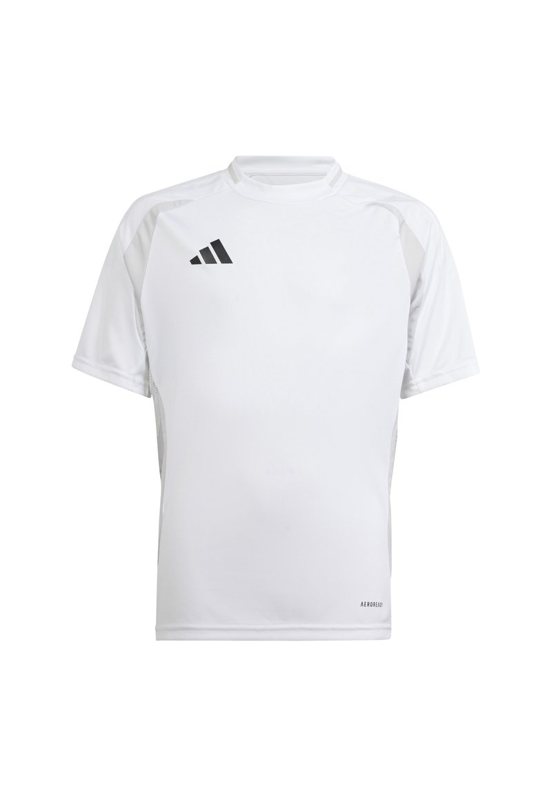 Maglietta atletica bianca a maniche corte con colletto alto, logo a contrasto nero e materiale elastico traspirante per il massimo comfort.