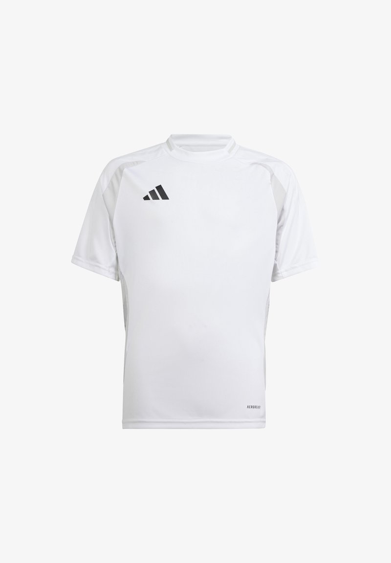 Maglietta atletica bianca a maniche corte con colletto alto, logo a contrasto nero e materiale elastico traspirante per il massimo comfort.