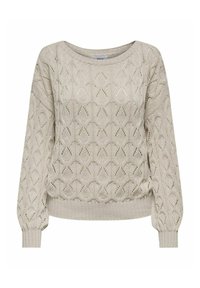 Jasno beżowy sweter dziany z diamentowym wzorem, szerokim dekoltem oraz ściągaczami przy mankietach i u dołu. Charakteryzuje się teksturowanym splotem i luźnym krojem.