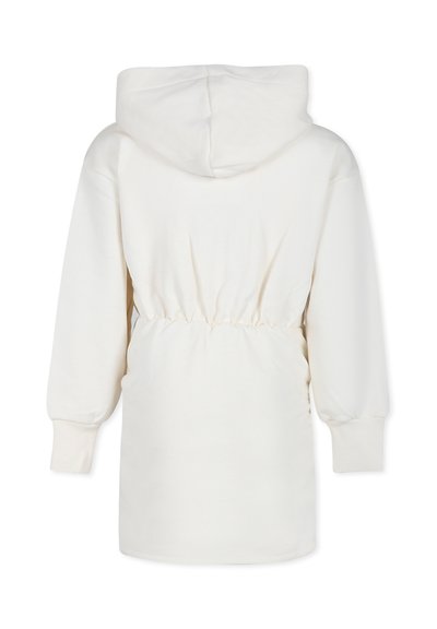 Hoodie met lange mouwen in crèmekleur, met een elastische taille. Zachte textuur met een gladde afwerking; geen zichtbare patronen of elementen.