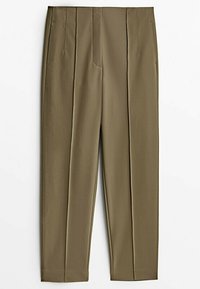 Pantalon vert olive, fabriqué en tissu lisse, avec une taille haute, deux plis frontaux et des jambes droites. Pas de poches visibles.