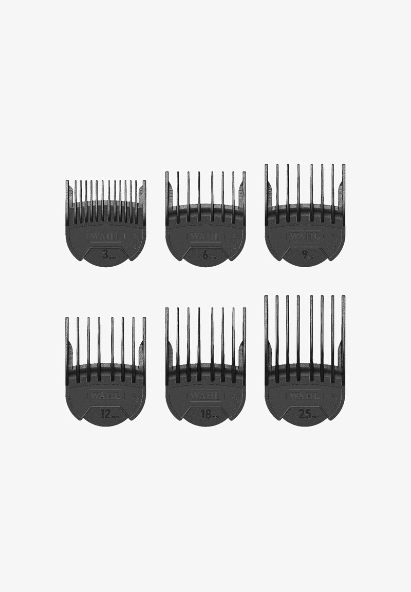 Set of six black hair clipper guards labeled with sizes: 3mm, 6mm, 9mm, 12mm, 18mm, and 25mm. Each features evenly spaced teeth.