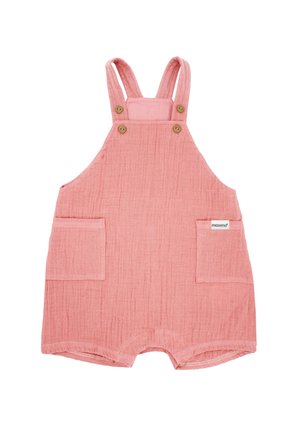Rosa Baumwoll-Overall mit verstellbaren Trägern, zwei Fronttaschen, strukturiertem Stoff und Druckknopfverschluss am unteren Ende. Mit Acid-Wash-Finish.