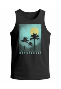 Black tank top featuring a teal graphic of palm trees silhouetted against a yellow sun, with "NEVERLESS®" printed below.