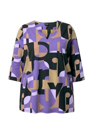 Tunique multicolore à col en V en noir, violet et beige avec des motifs géométriques abstraits. Tissu doux, coupe ample et manches 3/4.