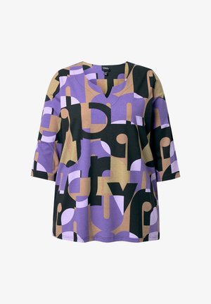 Mehrfarbige V-Ausschnitt-Tunika in Schwarz, Lila und Beige mit abstrakten geometrischen Mustern. Weicher Stoff, lockerer Schnitt und 3/4-Ärmel.