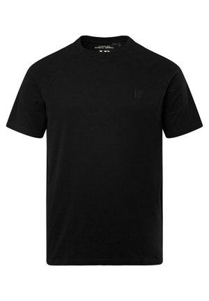 Zwarte katoenen T-shirt met een ronde hals, korte raglanmouwen en een subtiele "JP" logo op de voorkant. Soepele textuur, geen patronen.