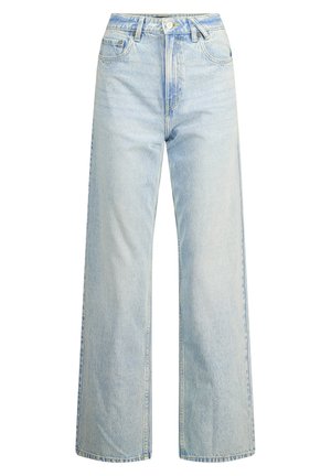 Lichtgekleurde denim wijde jeans met hoge taille, klassieke vijf-pocketontwerp en contrasterende stiksels. Rechte pijp en rafelige zoom.