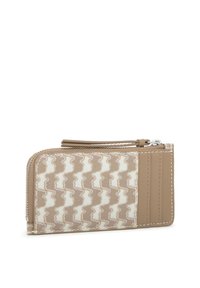 Brown wallet with a textured pattern in cream and light brown. Features a zipper closure and card slots on one side, with stitched accents.