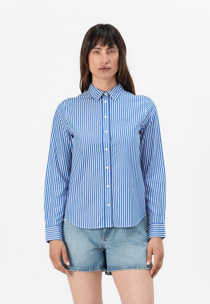 Blau-weiß gestreifte Hemdbluse mit Kragen, langen Ärmeln und abgerundetem Saum, aus leichtem Stoff.