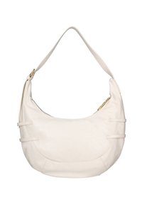 Borsa a spalla in pelle bianca con design curvo, texture liscia, dettagli in hardware dorato e chiusura con cerniera. Inclusi due cinturini laterali.