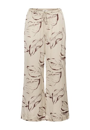 Pantaloni bej deschis cu picioare largi, având un imprimeu maro cu frunze și talie elastică cu șnur. Textură a țesăturii netedă și fluidă.