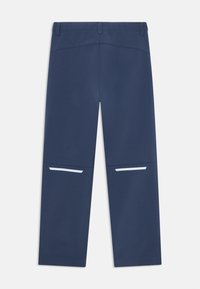 Navy blue trousers with a smooth texture, featuring two side pockets with white accents and a straight-leg design. Back waistband detail visible.