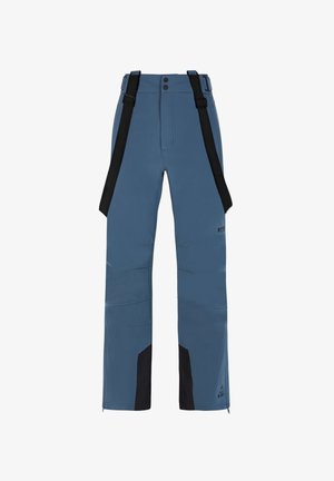 Wasserdichte Skihosen in Hellblau mit schwarzen Akzenten, verstellbaren Trägern und einem schlanken, geraden Schnitt. Merkmale sind verstärkte Knie.