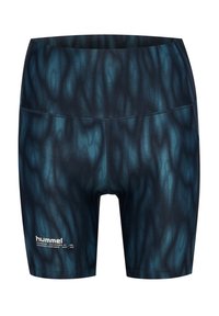 Högmidjade shorts i ett mörkblått gradientmönster. Tillverkade av stretchigt, slätt tyg med en vit logotyp på den nedre vänstra sidan.