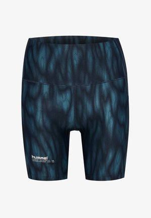 Hochtaillierte Shorts in einem dunkelblauen Verlaufsmuster. Hergestellt aus dehnbarem, glattem Stoff mit einem weißen Logo auf der unteren linken Seite.