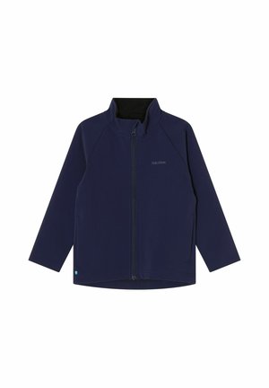 Mørkeblå softshell-jakke med fuld lynlås foran, lange ærmer og høj krave, med lille logotekst på brystet.