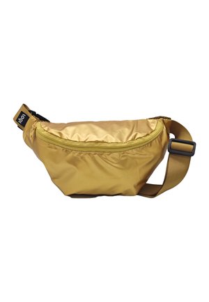 Sac banane compact en nylon jaune moutarde avec poche avant zippée et sangle marron ajustable avec boucle en plastique.