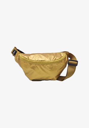 Sac banane compact en nylon jaune moutarde avec poche avant zippée et sangle marron ajustable avec boucle en plastique.