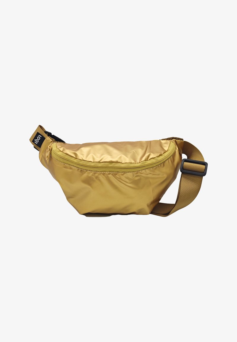 Sac banane compact en nylon jaune moutarde avec poche avant zippée et sangle marron ajustable avec boucle en plastique.