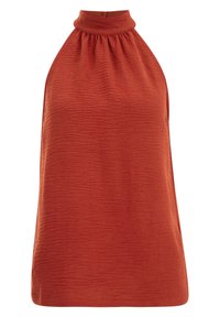 Rostorange ärmlös topp med hög krage, med rynkad textur och A-linjekjol, tillverkad av lättviktsmaterial.