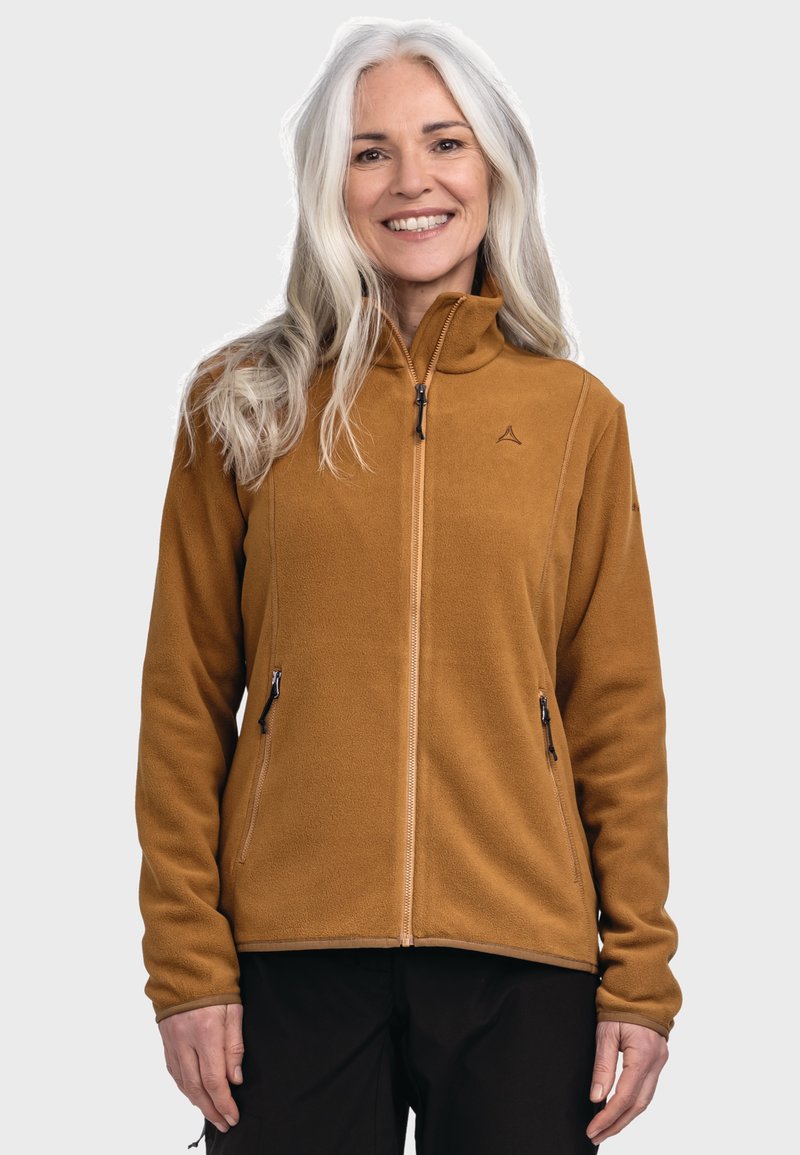 Braune Fleecejacke mit hohem Kragen, Reißverschluss vorne und zwei seitlichen Reißverschlusstaschen. Mit einem minimalen Logo auf der linken Brust.