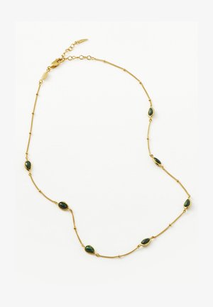 Kuldne kaelakee, millel on ovaalsed rohelised kivid, mis on jaotatud lülide vahele. Tekstuuritud lülid ja siledad kivi asetused rikastavad disaini.