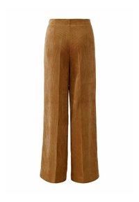 Bruine corduroy wijde broek met een gladde textuur en verticale ribbels, met een hoge tailleband en een rechte snit van heup tot zoom.