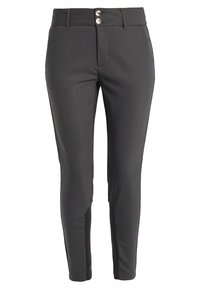 Högmidjade svarta byxor med en mjuk textur, som har en tvåknappslåsning, sidofickor och en avsmalnande benstil.