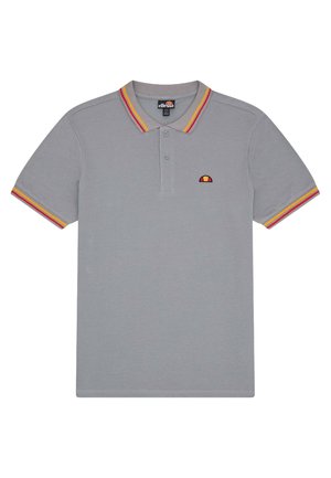 Szara koszulka polo z bawełnianej tkaniny, z trzema guzikami, oraz kolorowymi paskami na kołnierzyku i rękawach. Wyszywane logo Ellesse.